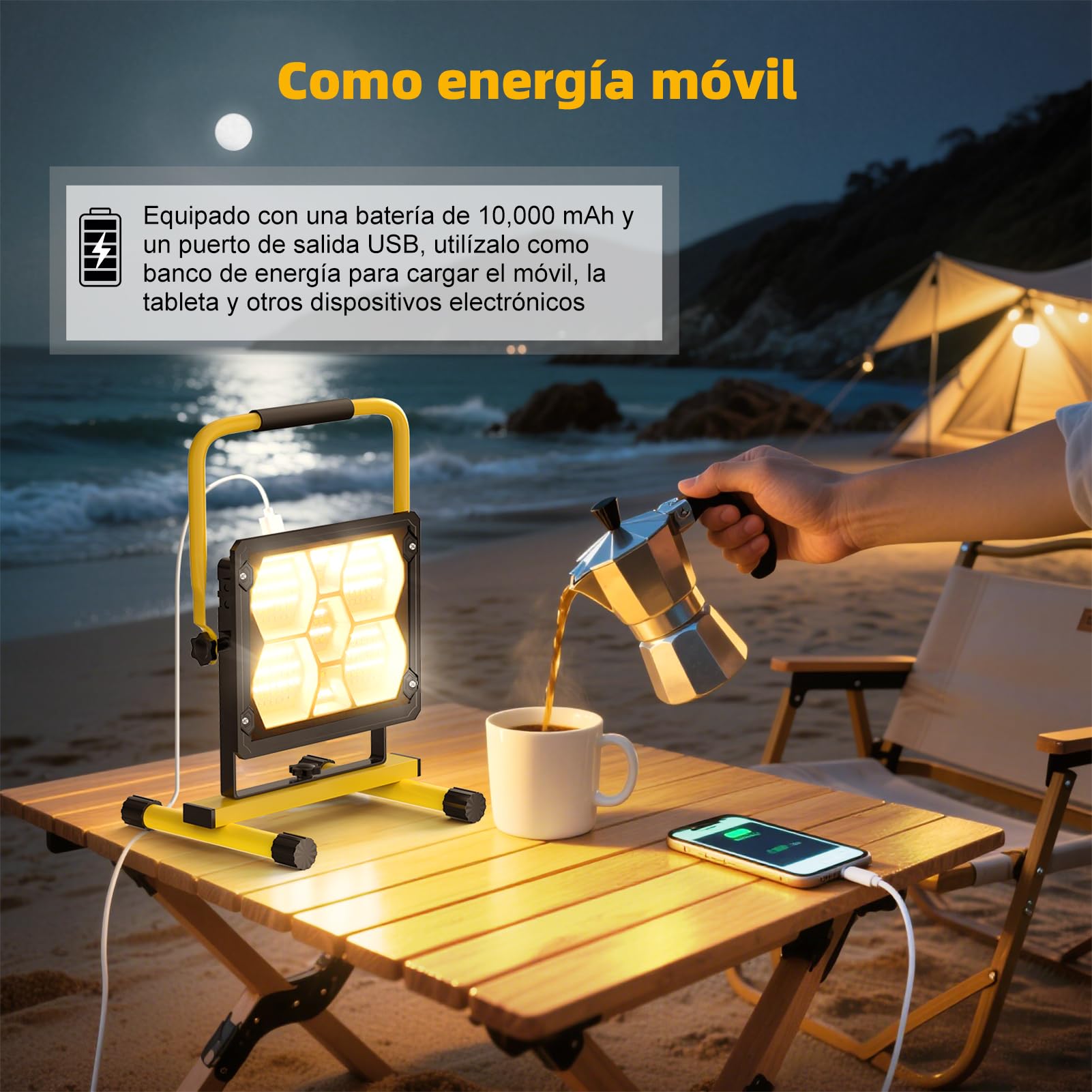 Sararoom Foco LED Recargable, 100W Luz de Trabajo Portátil 5 Modos, Banco de Energía, Focos para zonas de trabajo Solar, IP65 Impermeable Reflector Exterior para Camping Jardín Pesca Garaje Emergencia