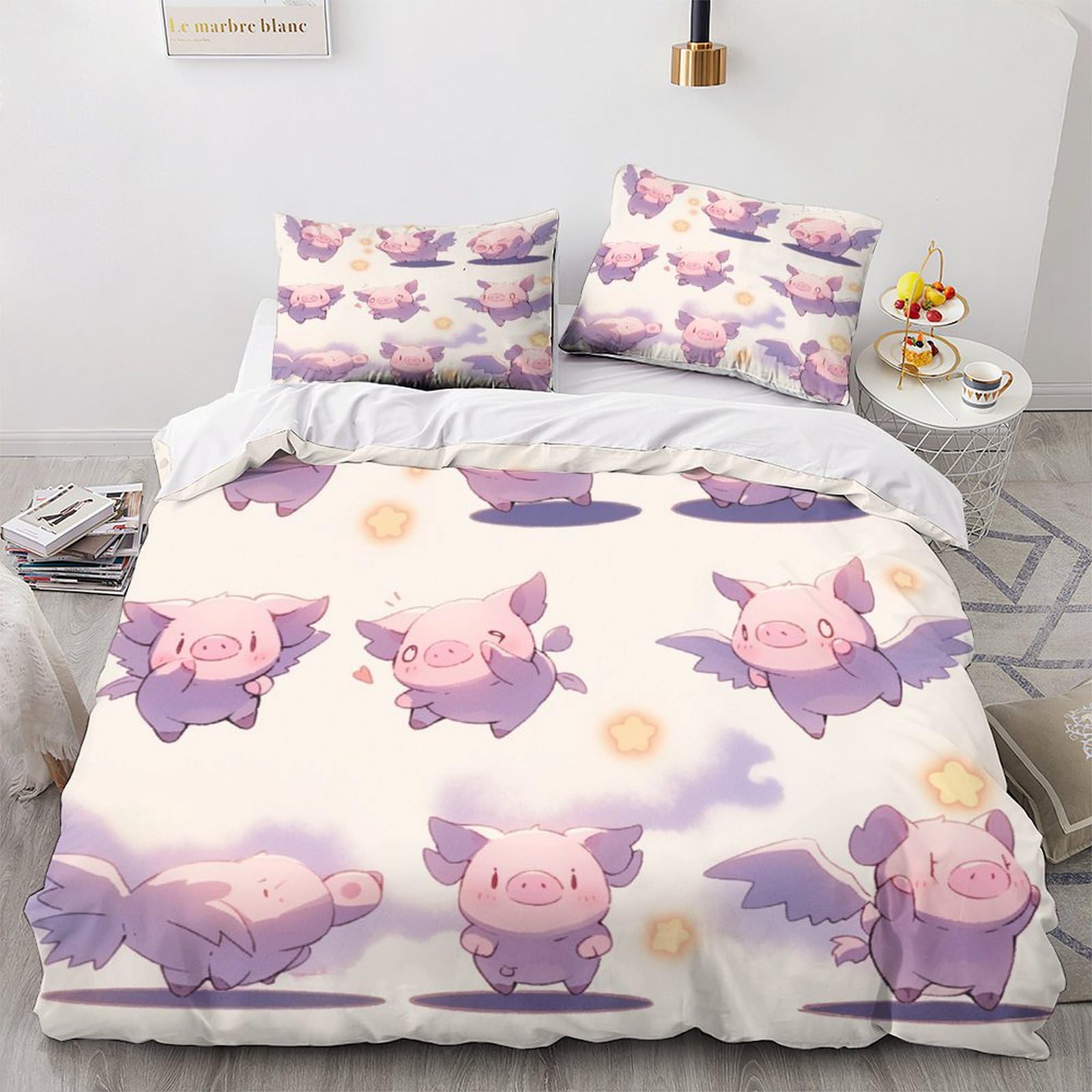 Housse de couette cochon volant parure de lit 3 pièces idée cadeau anniversaire