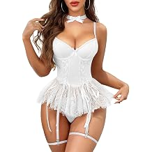 Mixxmix Lingerie for Women Sexy Lace Garter Babydoll with Underwire Push Up Lingerie with Thongs White
