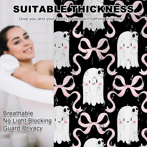 Miniatura 6 de Mocsicka Cortina de ducha negra de Halloween para baño, bonita cortina de ducha con diseño de calavera y fantasma, para niños, decoración de baño de
