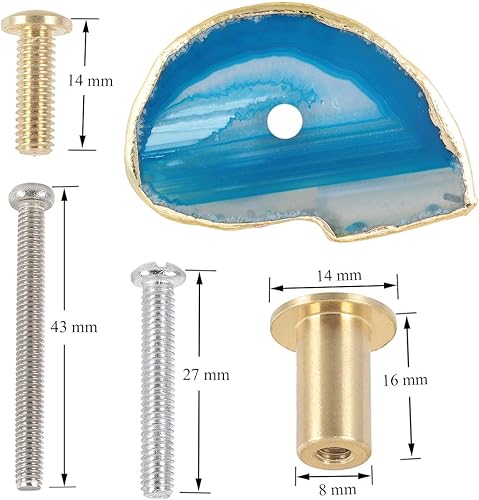Miniatura 4 de Rockcloud Pomos de ágata azul para cajón, tiradores para armario de aparador, rebanada teñida con pomos de borde chapados en oro para decoración de