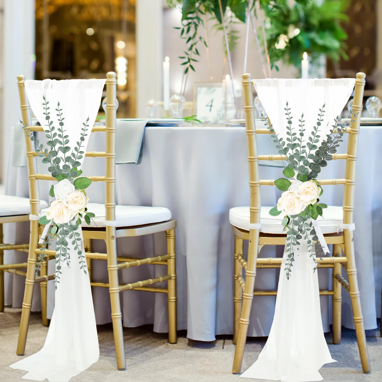 VitalCozy 48 Sets Hochzeit Gang Stuhl Dekorationen für Hochzeitszeremonie | Chiffonstuhl-Schärpen mit Bändern und künstlichem Eukalyptus-Stiel, Kirchenbänke, Gang-Schonbezüge, Party-Dekorationen