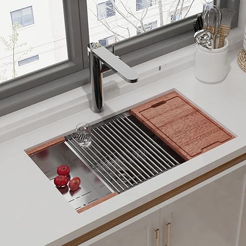 Miniatura 2 de Fregadero de cocina de 32 pulgadas, fregadero de cocina profundo de acero inoxidable de un solo tazón, calibre 16 con revestimiento nano y acabado