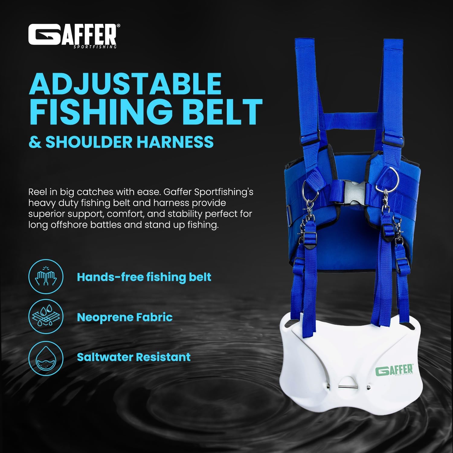 GAFFER SPORTFISHING Adjustable Fishing Belt & Shoulder Harness - Safety Buckle with Foam-Padded Straps Fish Rod Holder