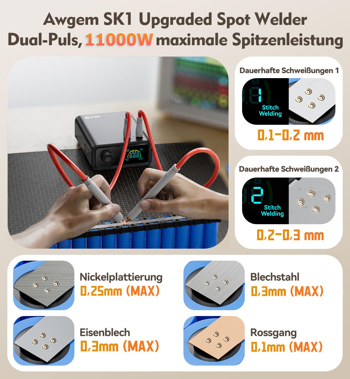 11000W Punktschweißgerät für Akkus, Akku Schweißgerät für 0,1–0,3 mm, 100 Leistungsstufen mit Drehregler, Auto-/Fußpedal-Modus, Dual Pulse