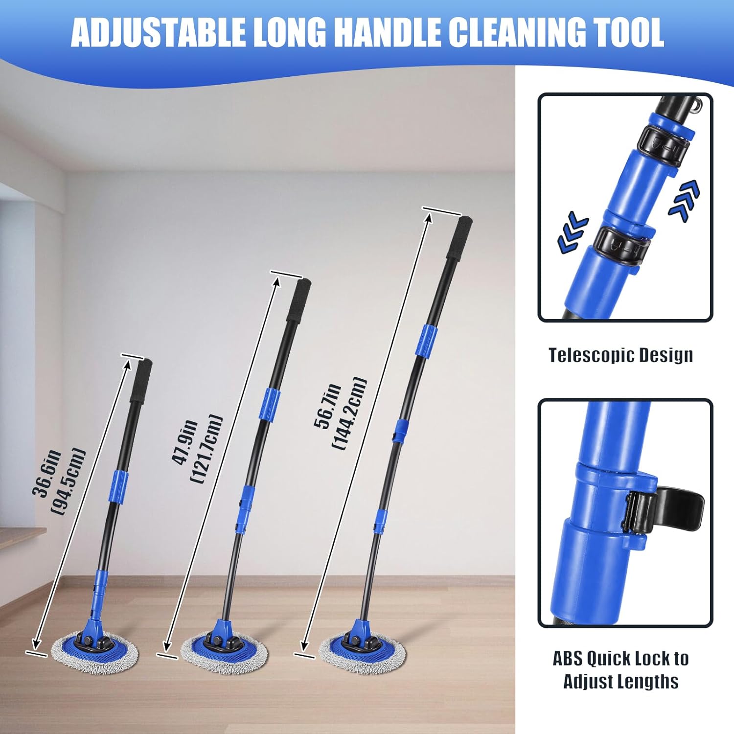 Wall Cleaner Mop, Washer Mops with Long Handle for Cleaning Walls Baseboard Window High Cabinet Ceiling Floor, 15°Bend Labor-Saving Microfiber Dry Dust and Wet Wash Cleaning Mop with Replacement Pad