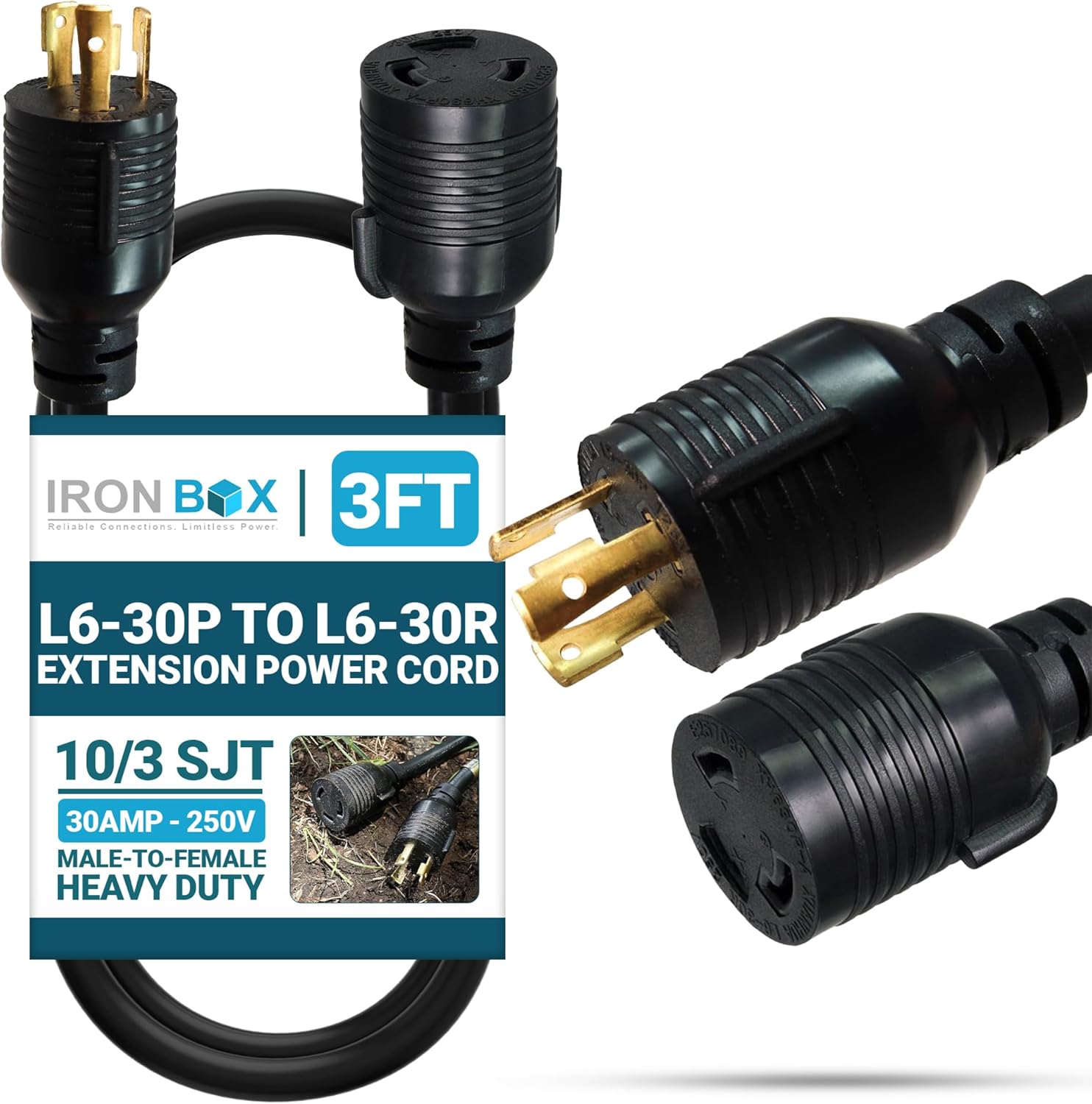 IronBox Electric L6-30 Plug to L6-30 Connector Extension Cord - 30A, 250V, 10/3 SJT - UL Listed Power Adapter - Heavy Duty Twist Lock Electrical Cable for Generator, RV, Servers and More (3ft, Molded)