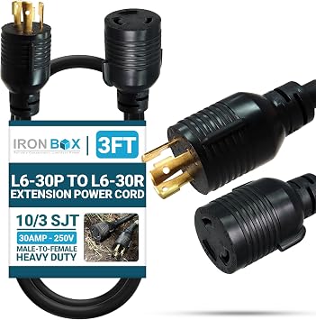IronBox Electric L6-30 Plug to L6-30 Connector Extension Cord - 30A, 250V, 10/3 SJT - UL Listed Power Adapter - Heavy Duty Twist Lock Electrical Cable for Generator, RV, Servers and More 3ft, Molded