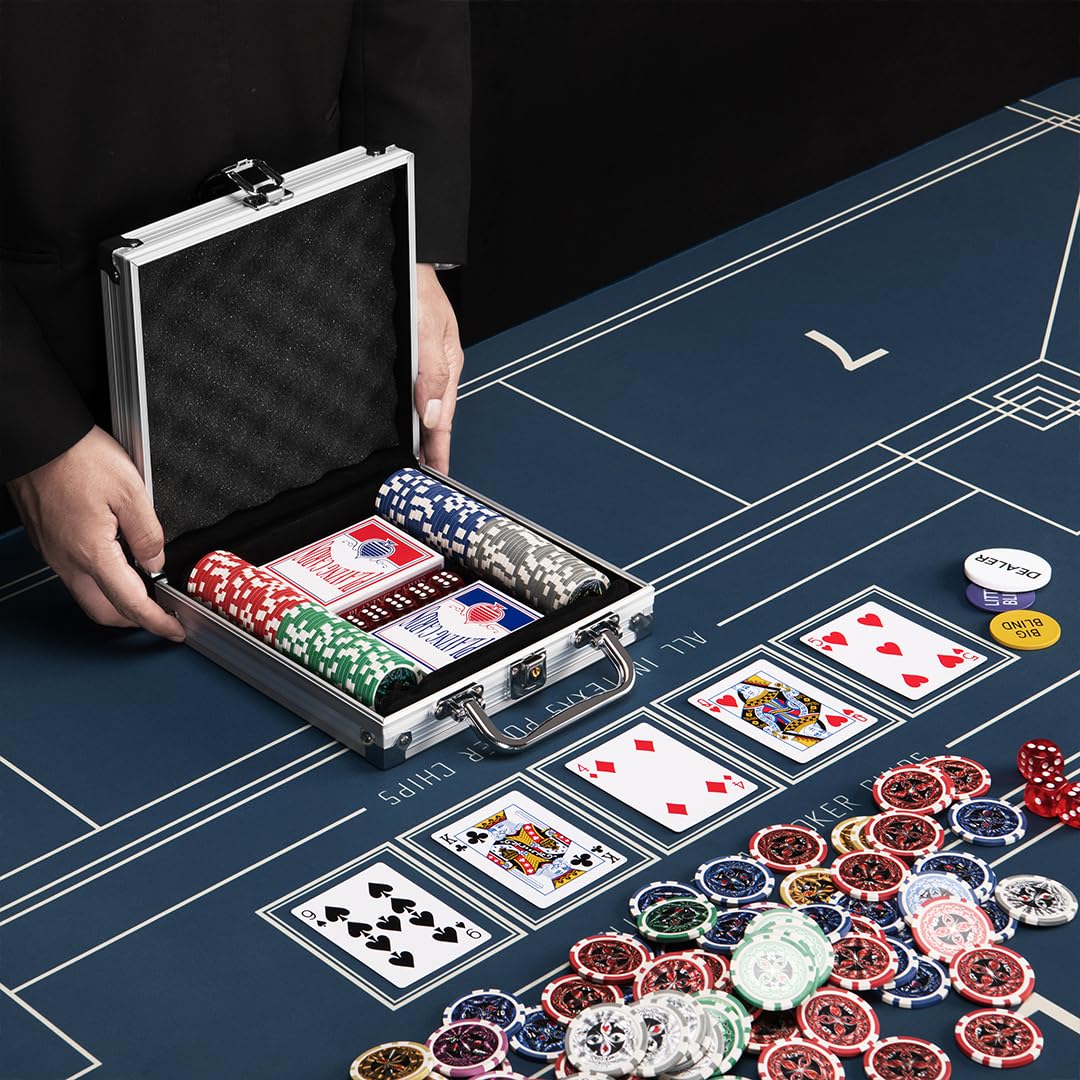 BAKAJI Juego de maletín de póquer de Aluminio, Paquete de Juego Profesional con 2 Barajas de Cartas, 5 Dados, botón del Distribuidor, Maleta Ideal para Texas Hold'em y Blackjack (100