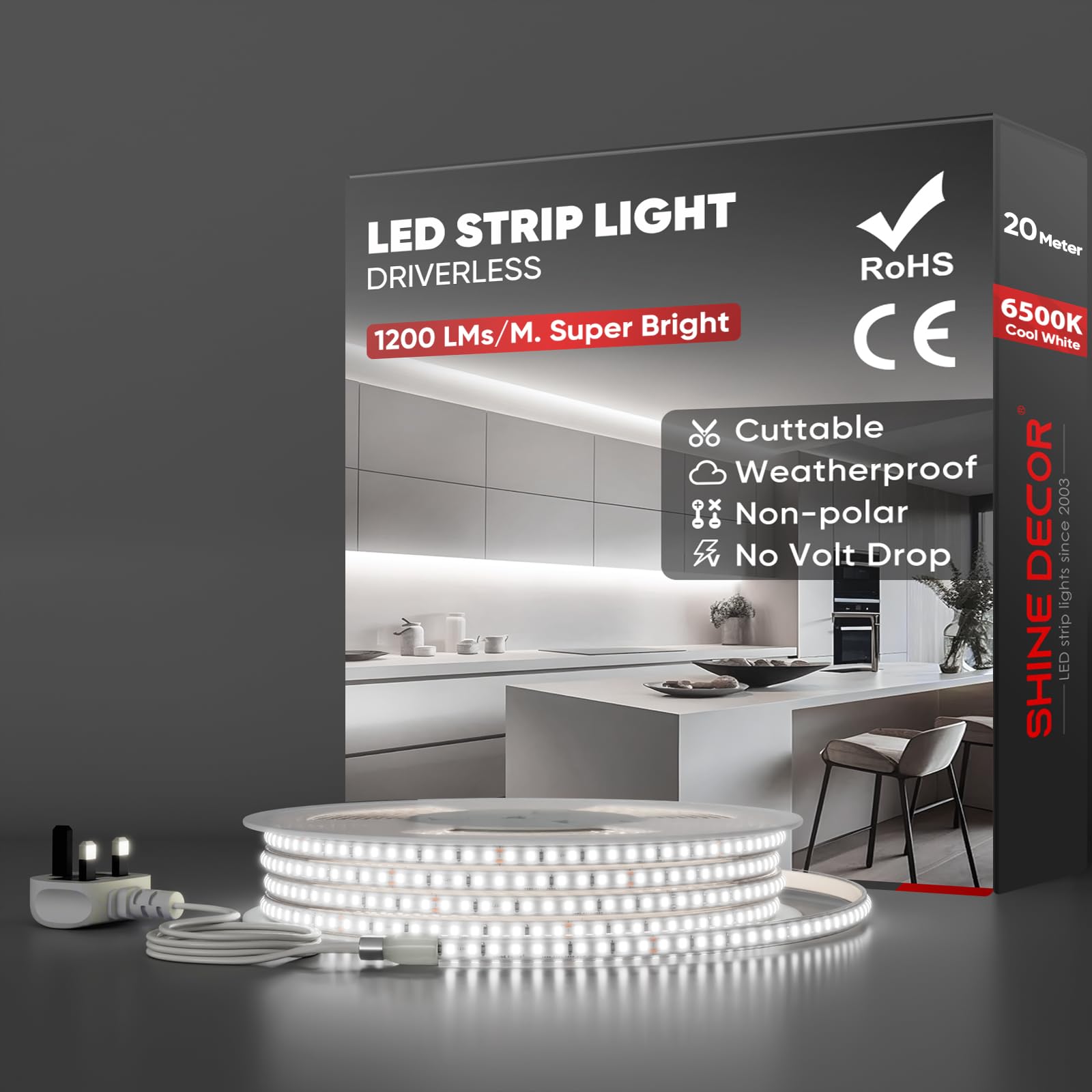 Shine Decor 20m LED Strip Light, AC 220V 230V, IP65 Waterproof, SMD 2835, 120 LEDs/m, Ultra-Bright with UK Plug for Living Room, Kitchen, Wardrobe, Corridors and Garden (Cool White, CE Certified)