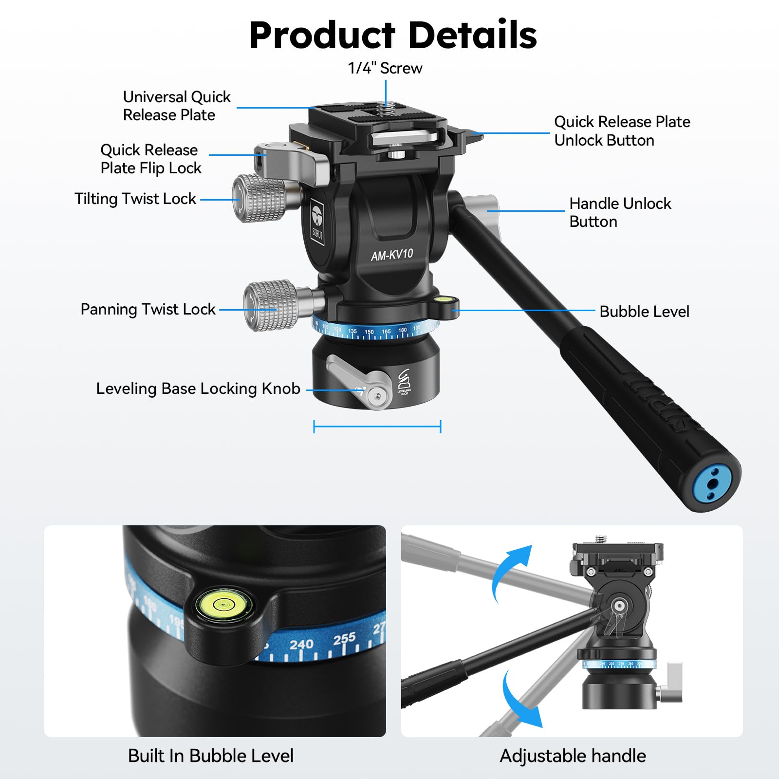 SIRUI Testa fluida per treppiedi con base di livellamento a 8°, AM-KV10 | Testa in metallo con attacco rapido a inserimento laterale, testa per treppiede video per fotocamere DSLR, carico massimo 5kg