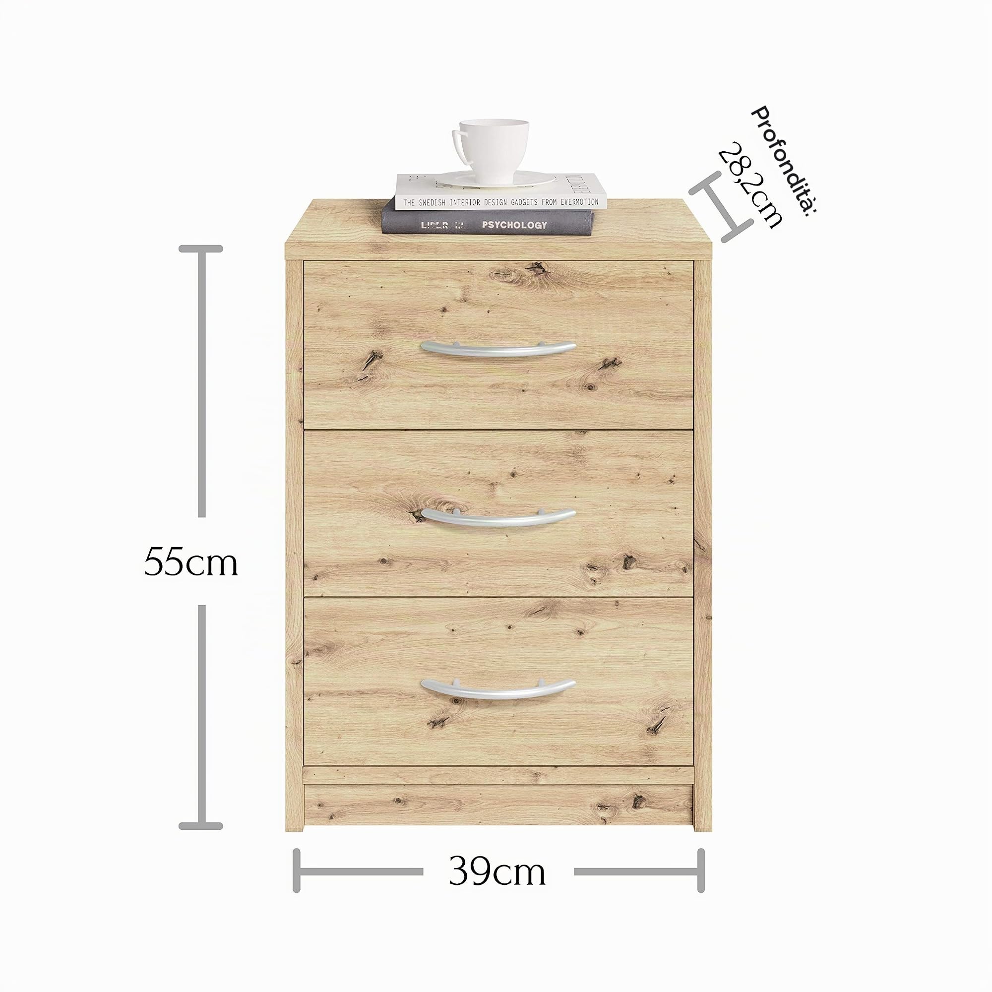 Stella Trading PEPE, Comodino da notte, effetto rovere artigianale, linea essenziale con 3 cassetti che si abbina facilmente a ogni camera da letto, 39 x 54 x 28 cm, L x A x P