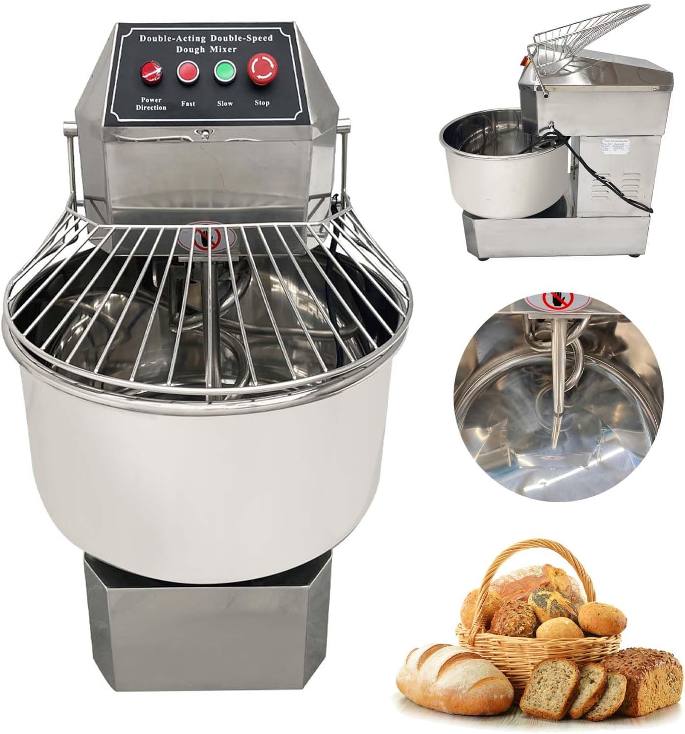 40QT Commercial Dough Mixer, 1800W Electric Dough Flour Kneading Machine, Bread Kneader Professional Stainless Steel Stand Mixer, Dual Action and Dual Speed, for Bakeries Pizzerias