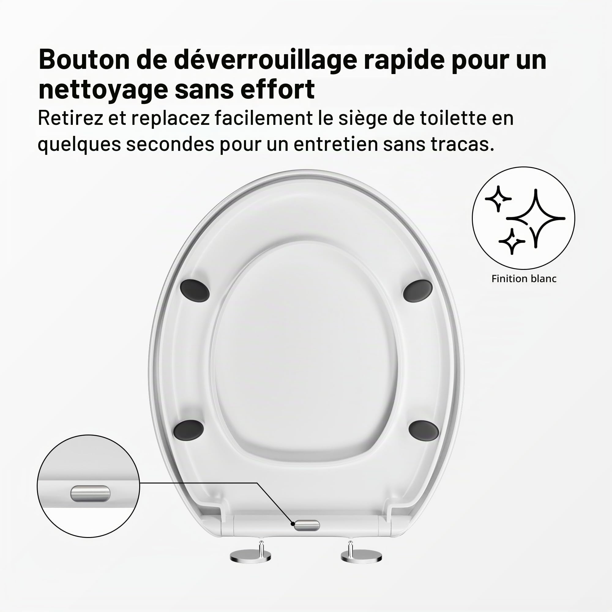 Abattant WC à fermeture amortie avec libération rapide pour un nettoyage facile, siège de toilette standard ovale, fixation par le haut, siège de toilette universel, anti-claquement, blanc
