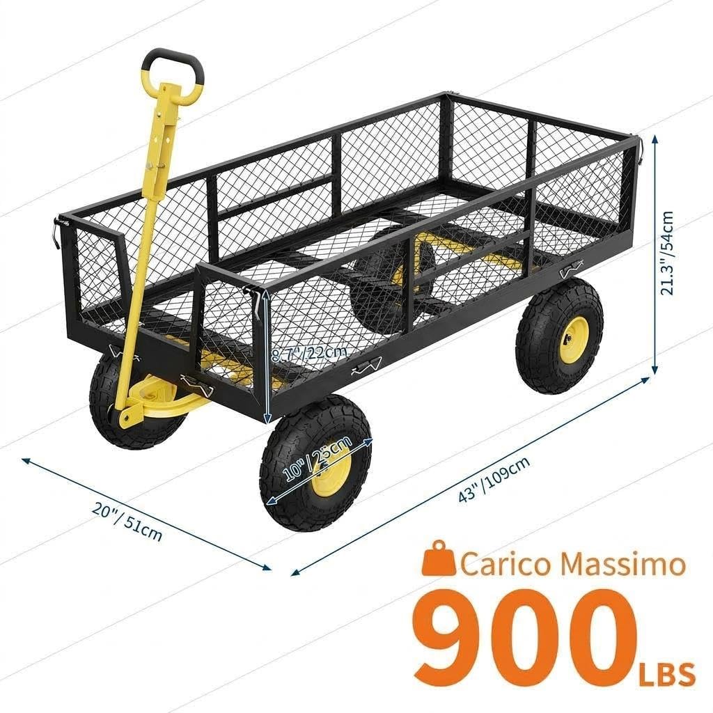 GarveeHome Carrello da giardino robusto 900 kg in acciaio – Sponde rimovibili – Ruote pneumatiche 10'' – Pianale trasformabile – Manico regolabile – Per giardino, prato, fattoria, magazzino