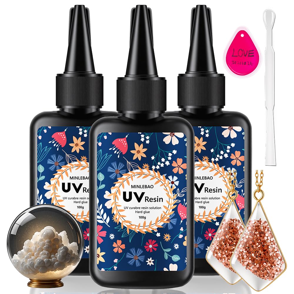 Minlebao UV Resin Kit 300g οΌUpgraded Crystal Transparent Hard High Gloss Fast Curing Solar Activated, Suitable for UV Curing Resin in Jewelry Making, Casting and Coating (300g)