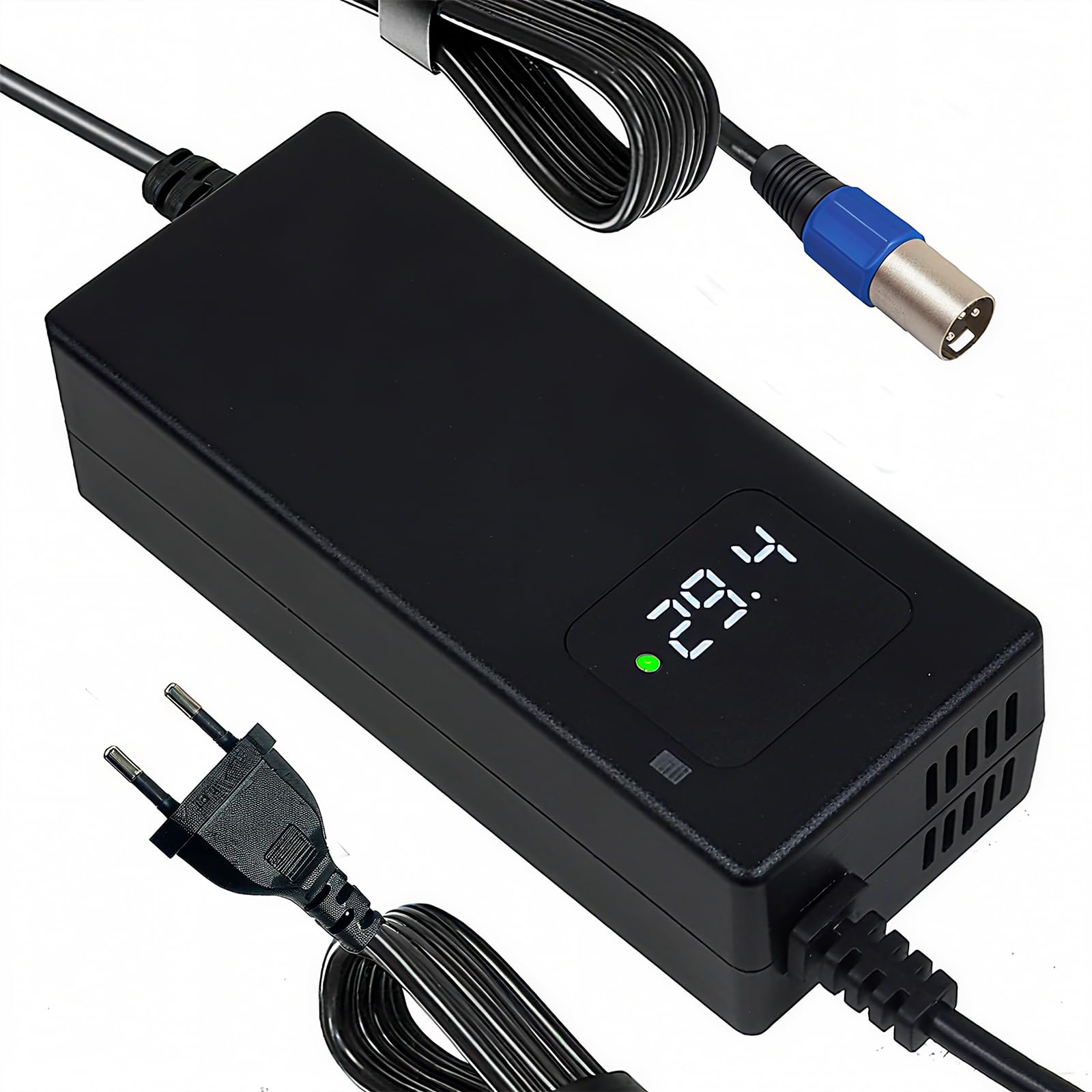 Chargeur rapide 29,4 V 4 A avec connecteur XLR 3 broches pour batteries lithium-ion 24 V, convient pour les transports personnels et les appareils mobiles, avec fonction d'affichage de la tension de