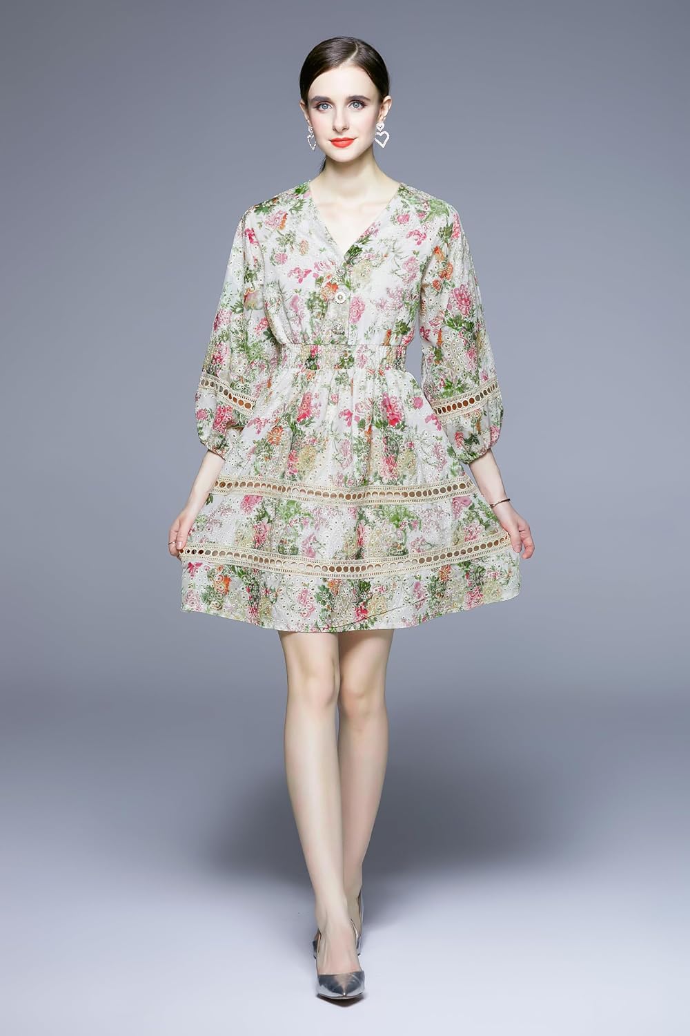 LAI MENG FIVE CATS Women's Summer V-Neck Floral Print Elastic Waist Puff Sleeve Button Mini Dress