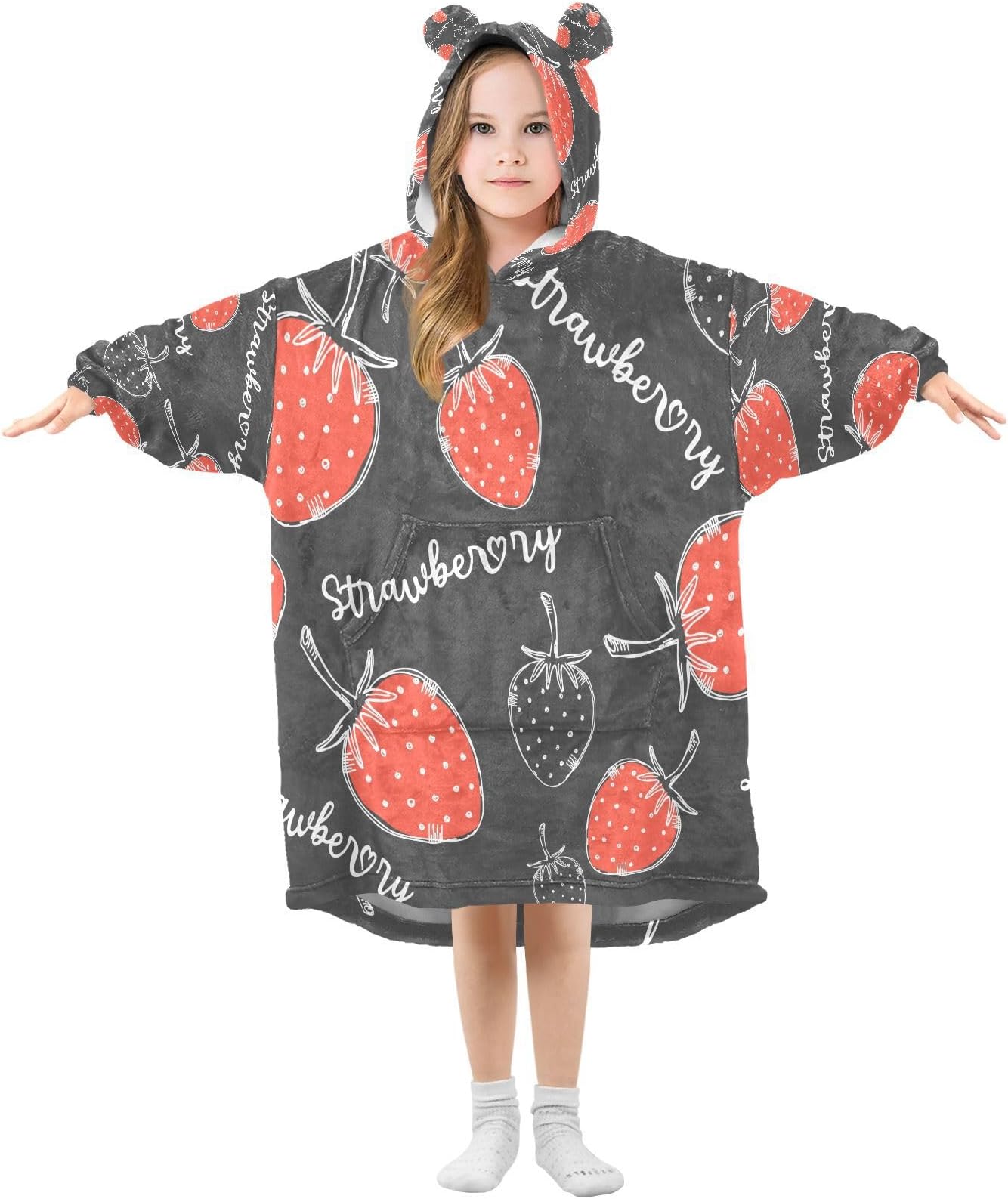 KigaiSweet Strawberry Wearable Blanket Hoodie for Kids Oversized Hooded Sweatshirt Soft Cozy Flannel Blanket with Pocket