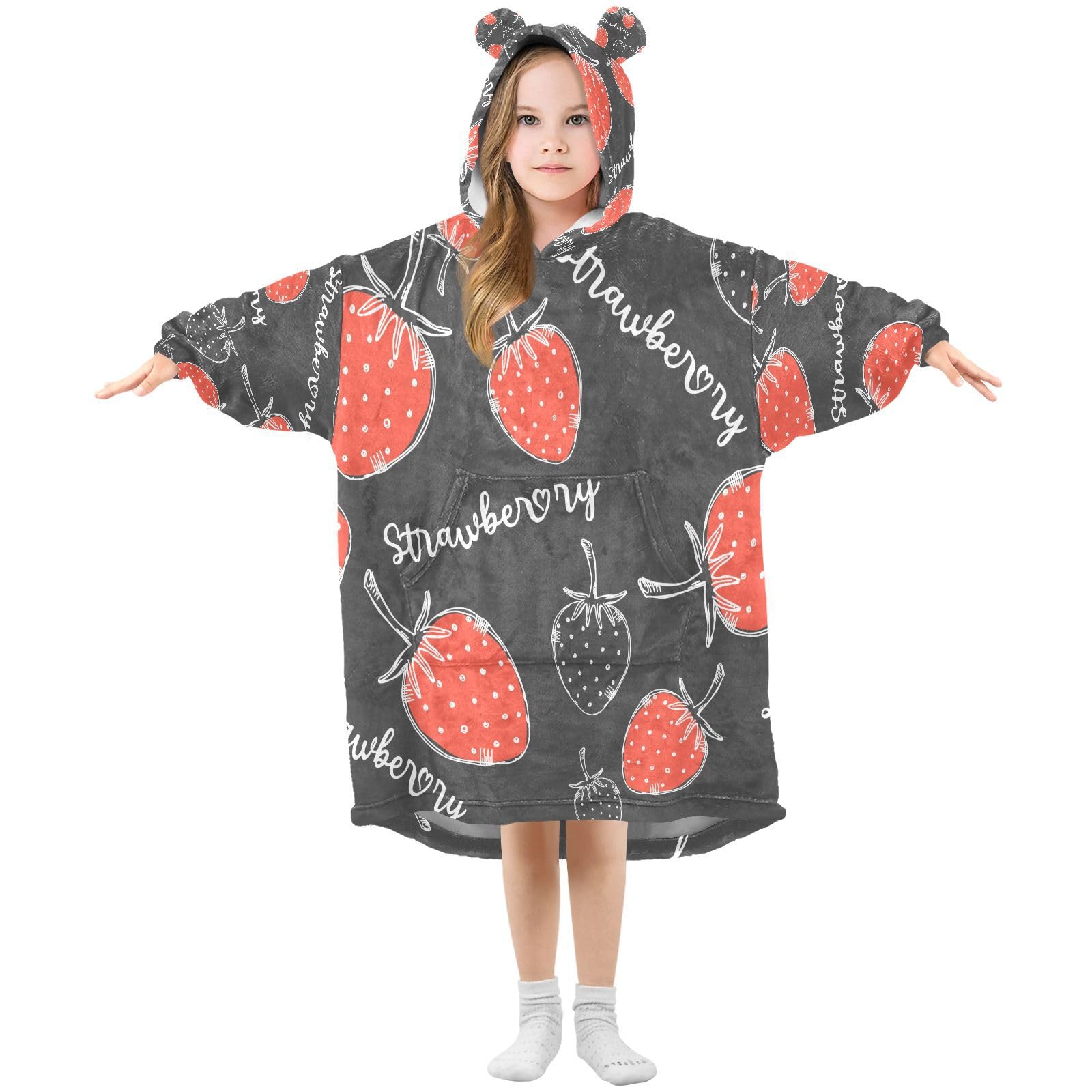 KigaiSweet Strawberry Wearable Blanket Hoodie for Kids Oversized Hooded Sweatshirt Soft Cozy Flannel Blanket with Pocket