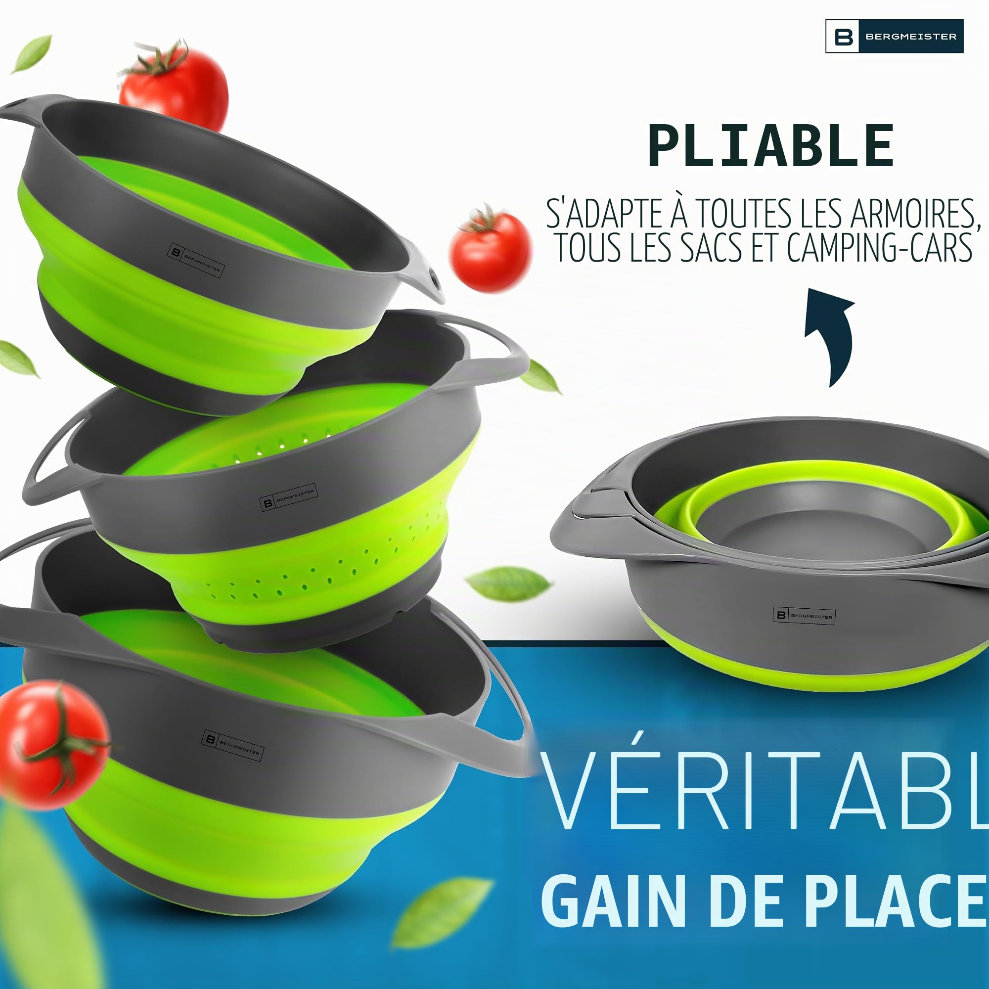 Ensemble de bols pliables 3 en 1 avec passoire 1,7 l / 2,8 l - Multifonctionnel - Passe au lave-vaisselle - Merveilleux de place pour chaque maison et cuisine de camping en plein air