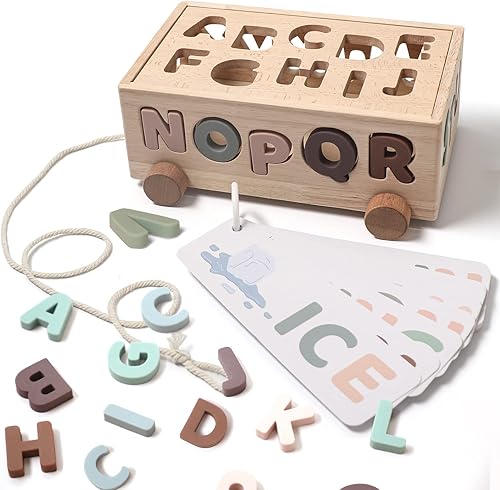 Juguete de coche a juego del alfabeto de madera para niños pequeños ABC aprendizaje Montessori preescolar, juegos de habilidades motoras finas para