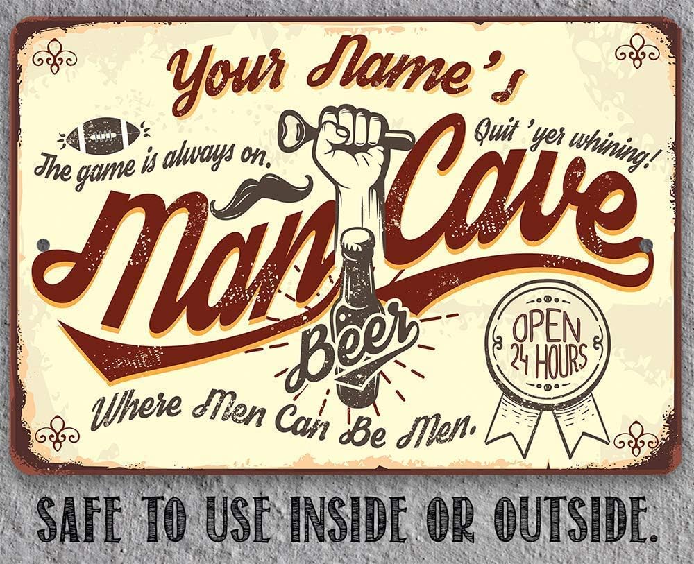 Personalized Man Cave Sign - Funny Man Cave Home Bar Accessories, Playroom or Game Room Wall Decoration, Vintage Beer Sign for Father's Day Gift, 8x12 or 12x18 Durable Rustic Metal Sign