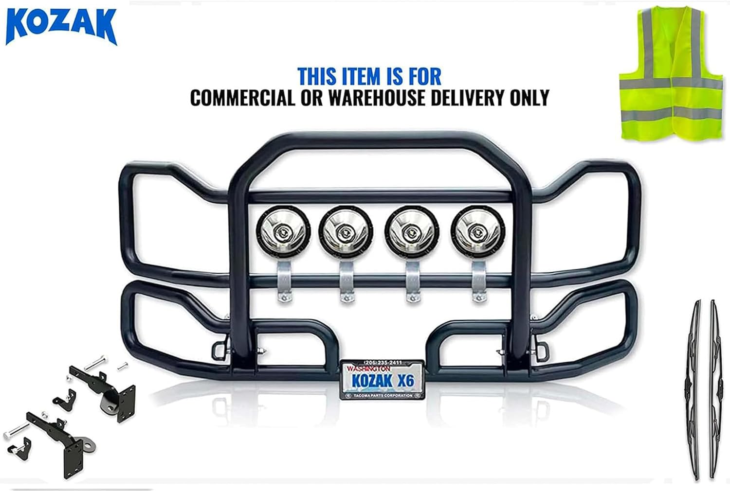 Full Front Bumper Grille Deer Moose Brush Guard Black - No Fog Compatible with Kenworth T680 Next Gen 2022+ Includes 4x 6" LED Lights, License Plate Holder & Frame, Brackets, Logo, Wipers, Vest