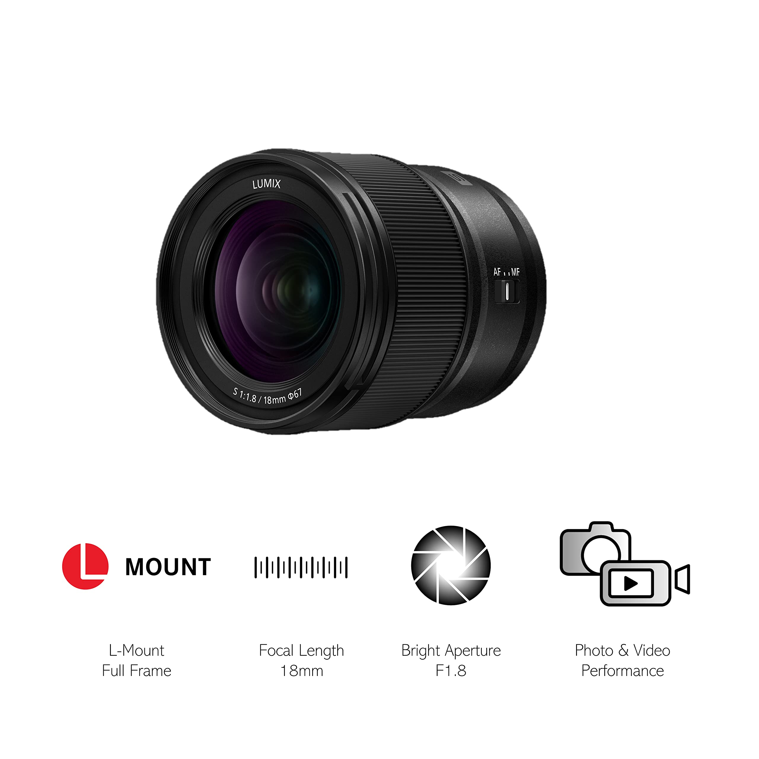 Panasonic Lumix S-S18E - lichtstarkes 18mm/F1.8 Weitwinkelobjektiv,kompakt und leicht,Staub-/Spritwasserschutz,Kälteresistent,für Foto Video, Schwarz