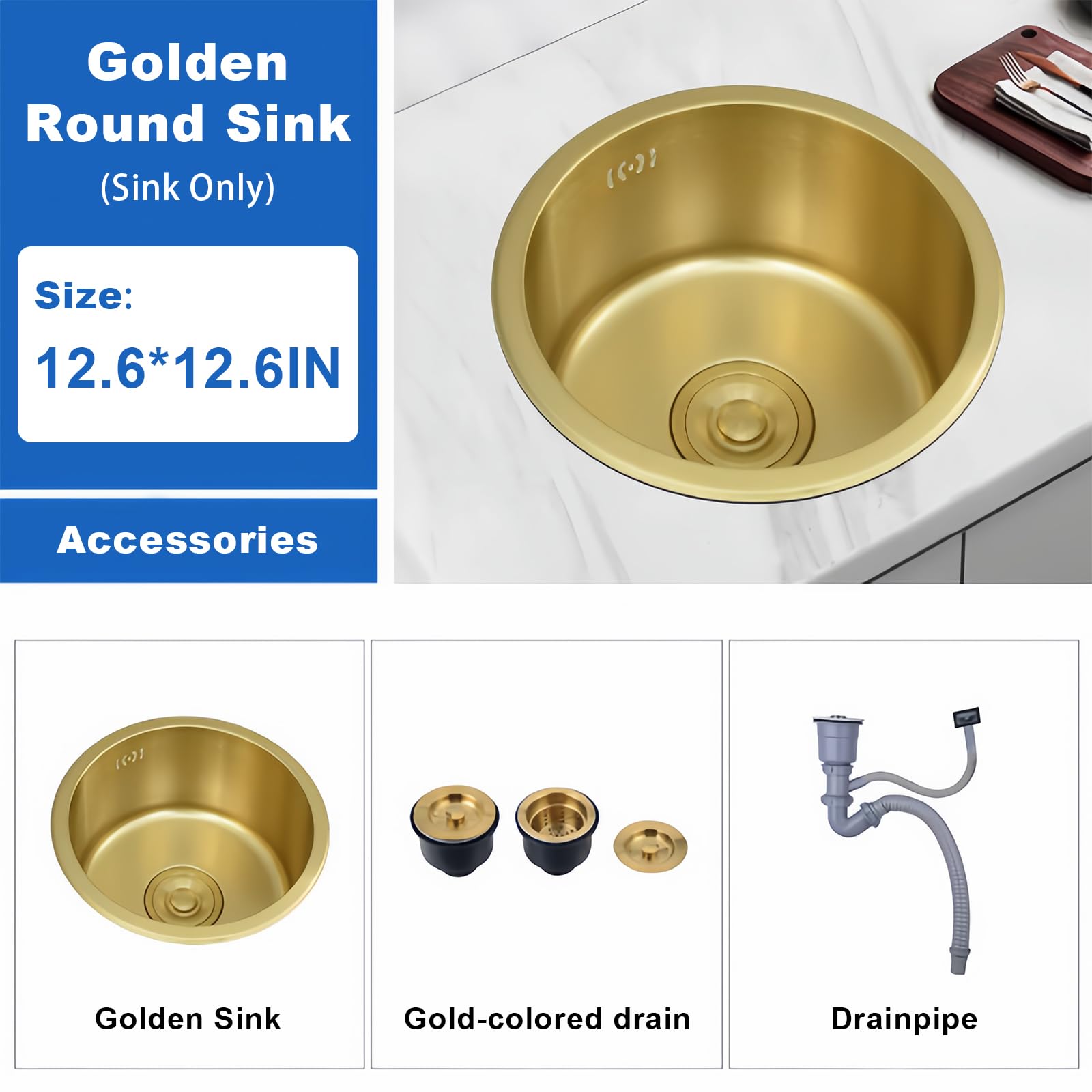 Okrągły wpuszczany zlewozmywak barowy 40,6 cm, ze stali nierdzewnej 304, idealny do kompaktowych przestrzeni, kamperów i małych kuchni, elegancki design do nowoczesnego wystroju