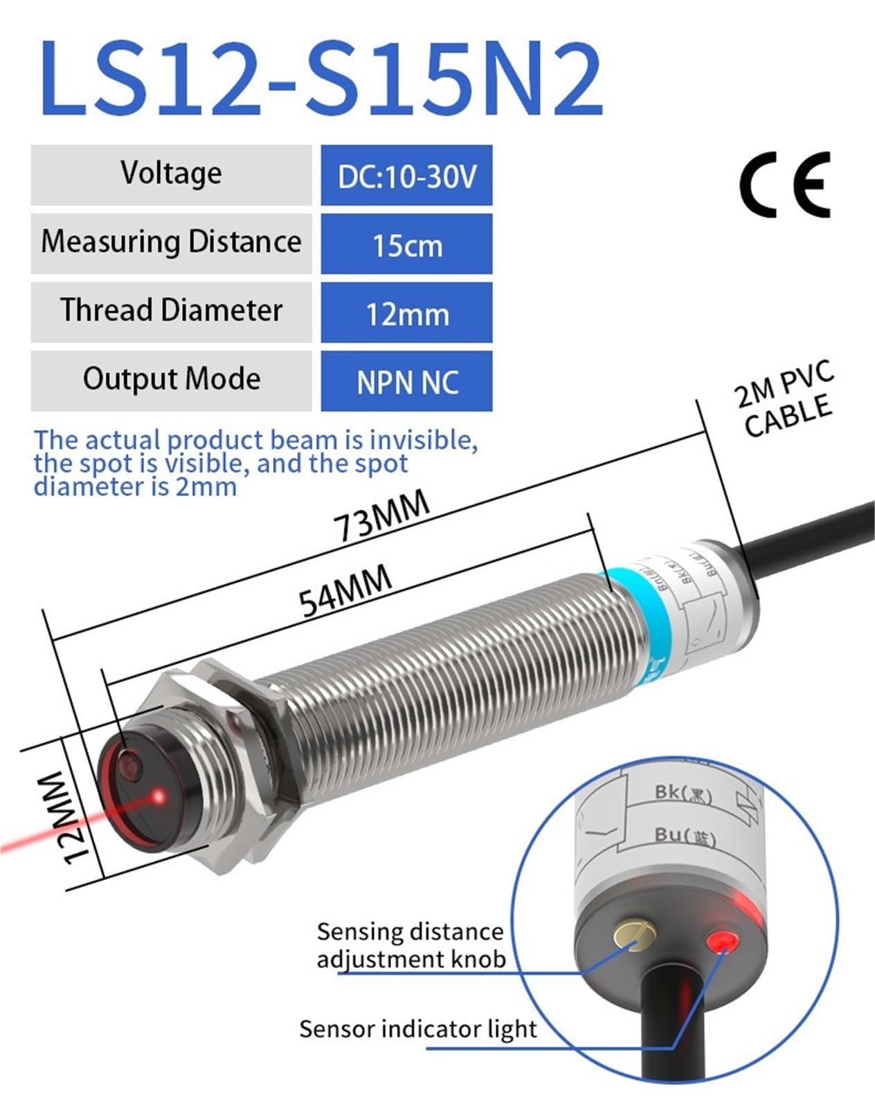 Sensor fotoeléctrico láser de reflexión difusa serie M12 10-30V NPN PNP punto Visible distancia de detección de 2mm 15CM ajustable