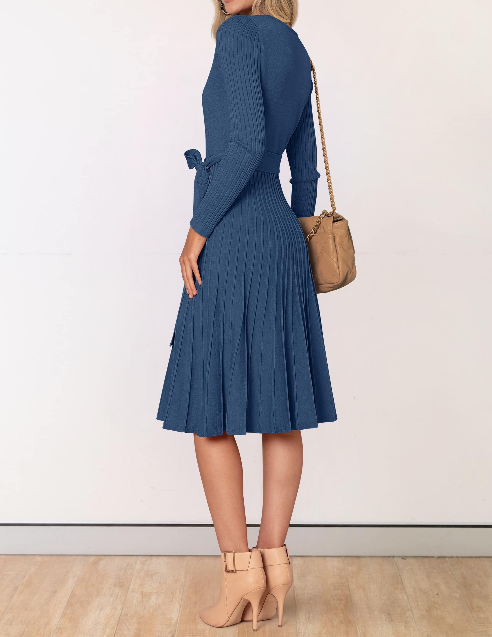 ZESICA Women's Fall Long Sleeve Wrap V Neck Ribbed Knit Pleated A Line Pullover Sweater Dress with Belt,Navy,Medium