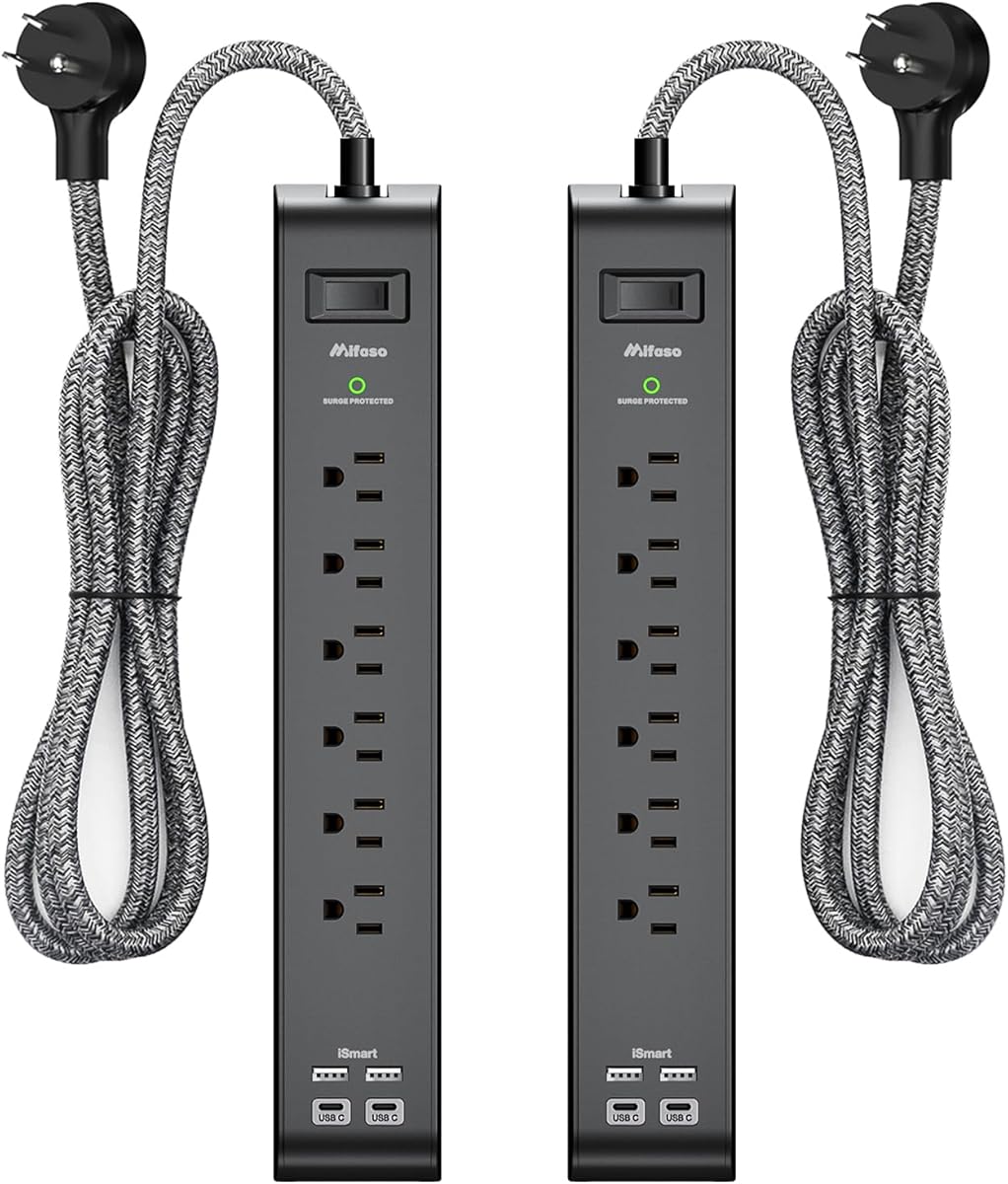 2 Pack Power Bar - Extension Cord with 6 Outlets 4 USB Ports, Surge Protector Heavy-Duty Braided Extension Cords 15A Circuit Breaker Wall Mount for Home Office ETL Listed (5FT, Black)
