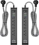 2 Pack-12FT Long Power Bar Surge Protector - with 6 Outlets 4 USB Ports, Heavy-Duty Braided Extension Cord, Flat Plug, 900 Joules, 15A Circuit Breaker, Wall Mount for Home Office