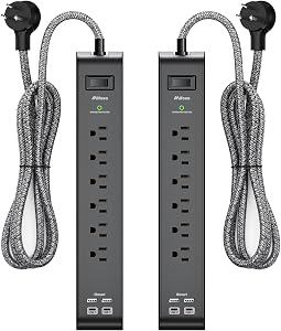 2 Pack-12FT Long Power Bar Surge Protector - with 6 Outlets 4 USB Ports, Heavy-Duty Braided Extension Cord, Flat Plug, 900 Joules, 15A Circuit Breaker, Wall Mount for Home Office