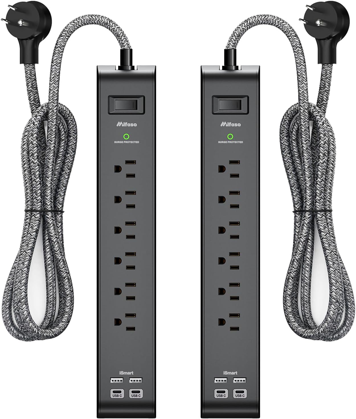2 Pack Surge Protector Power Strip with 6 Outlets 4 USB Ports 5-Foot Long Heavy-Duty Braided Extension Cords Flat Plug 900 Joules 15A Circuit Breaker Wall Mount for Home Office ETL Listed