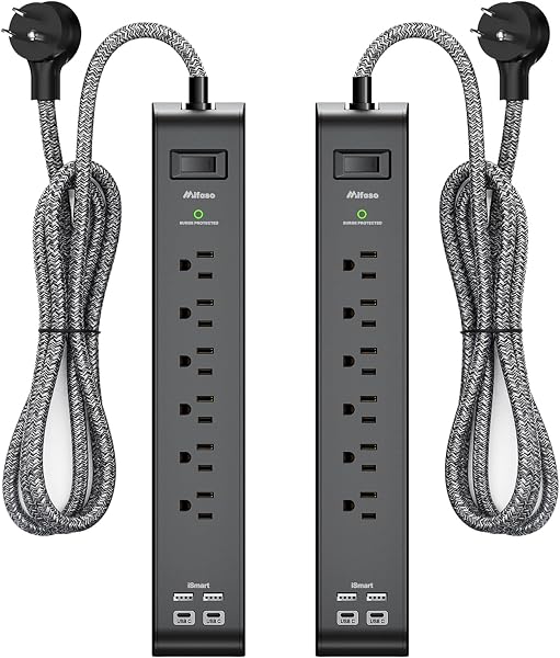 2 Pack 12FT Long Power Strip Surge Protector with 6 Outlets 4 USB Ports