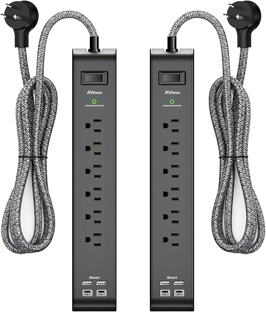 2 Pack-12FT Long Power Bar Surge Protector - with 6 Outlets 4 USB Ports, Heavy-Duty Braided Extension Cord, Flat Plug, 900 Joules, 15A Circuit Breaker, Wall Mount for Home Office