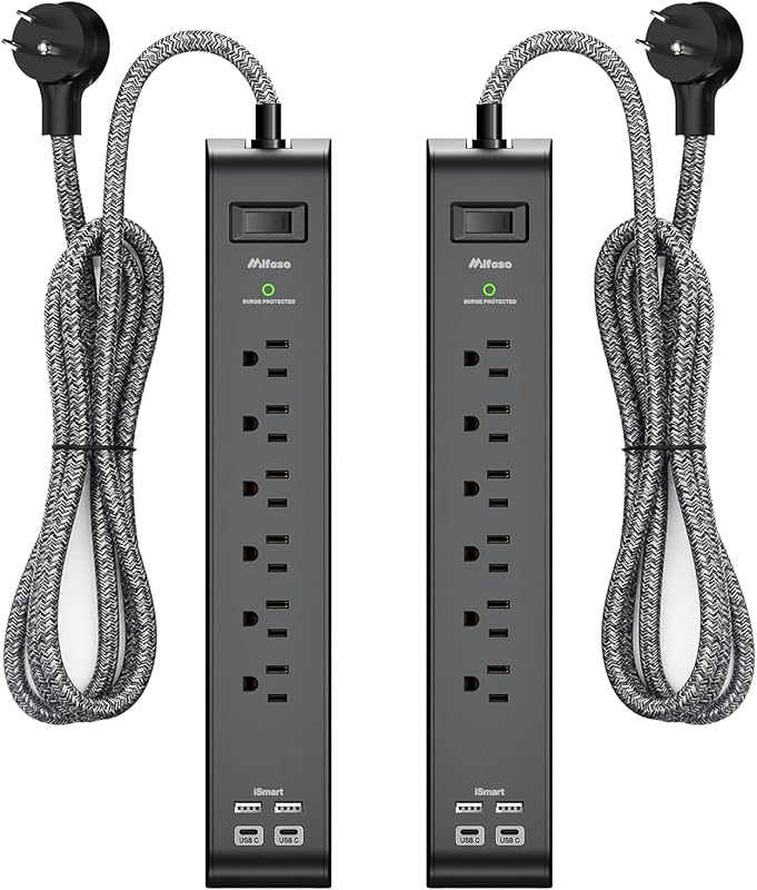 2 Pack 12FT Long Power Strip Surge Protector with 6 Outlets 4 USB Ports | Heavy-Duty Braided Extension Cord, Flat Plug, 900 Joules, 15A Circuit Breaker, Wall Mount for Home Office