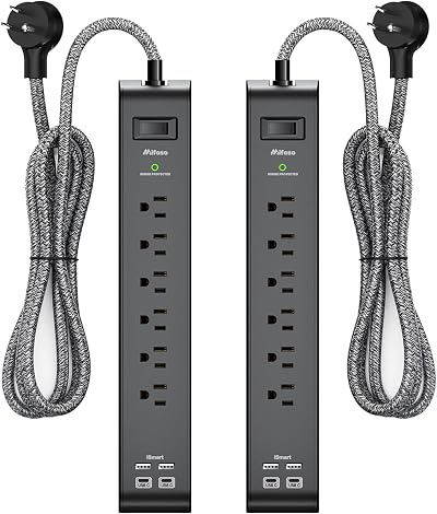 2 Pack Power Bar - Extension Cord with 6 Outlets 4 USB Ports (2 USB C)