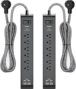 2 Pack Power Bar - Extension Cord with 6 Outlets 4 USB Ports, Surge Protector Heavy-Duty Braided Extension Cords 15A Circuit Breaker Wall Mount for Home Office ETL Listed (5FT, Black)