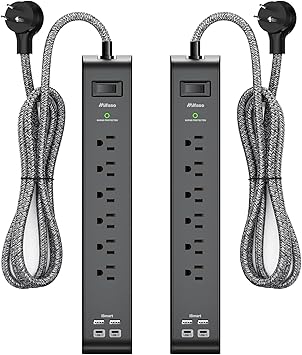 12FT Long Power Strip Surge Protector - with 6 Outlets 4 USB Ports, Heavy-Duty Braided Extension Cord, Flat Plug, 900 Joules, 15A Circuit Breaker, Wall Mount for Home Office 2 Pack