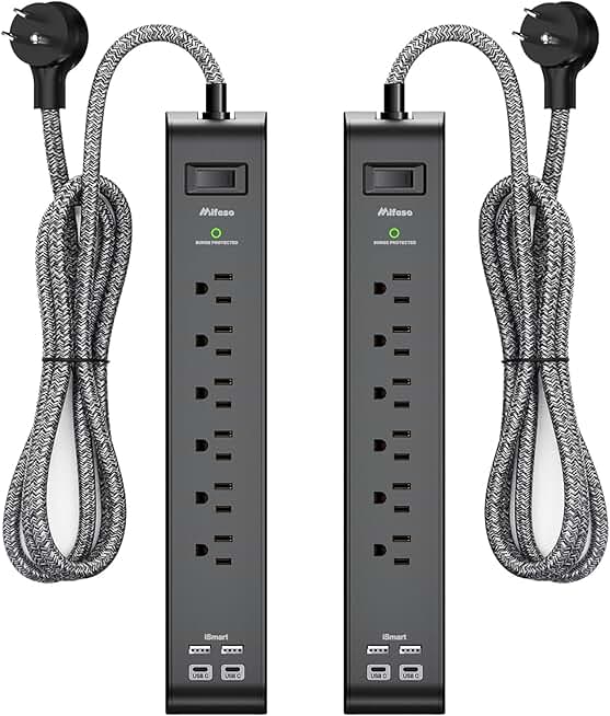 2 Pack 15FT Surge Protector Power Strip, Long Extension Cord with 6 Outlets 4 USB Ports, Flat Plug, 900 Joules, Wall Mount for Hom