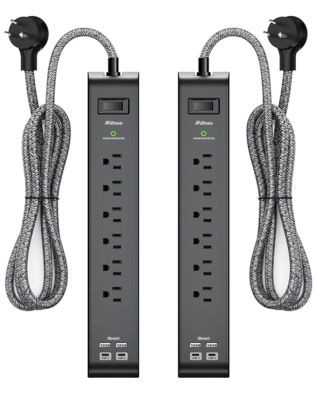 2 Pack Surge Protector Power Strip with 6 Outlets 4 USB Ports 5-Foot Long Heavy-Duty Braided Extension Cords