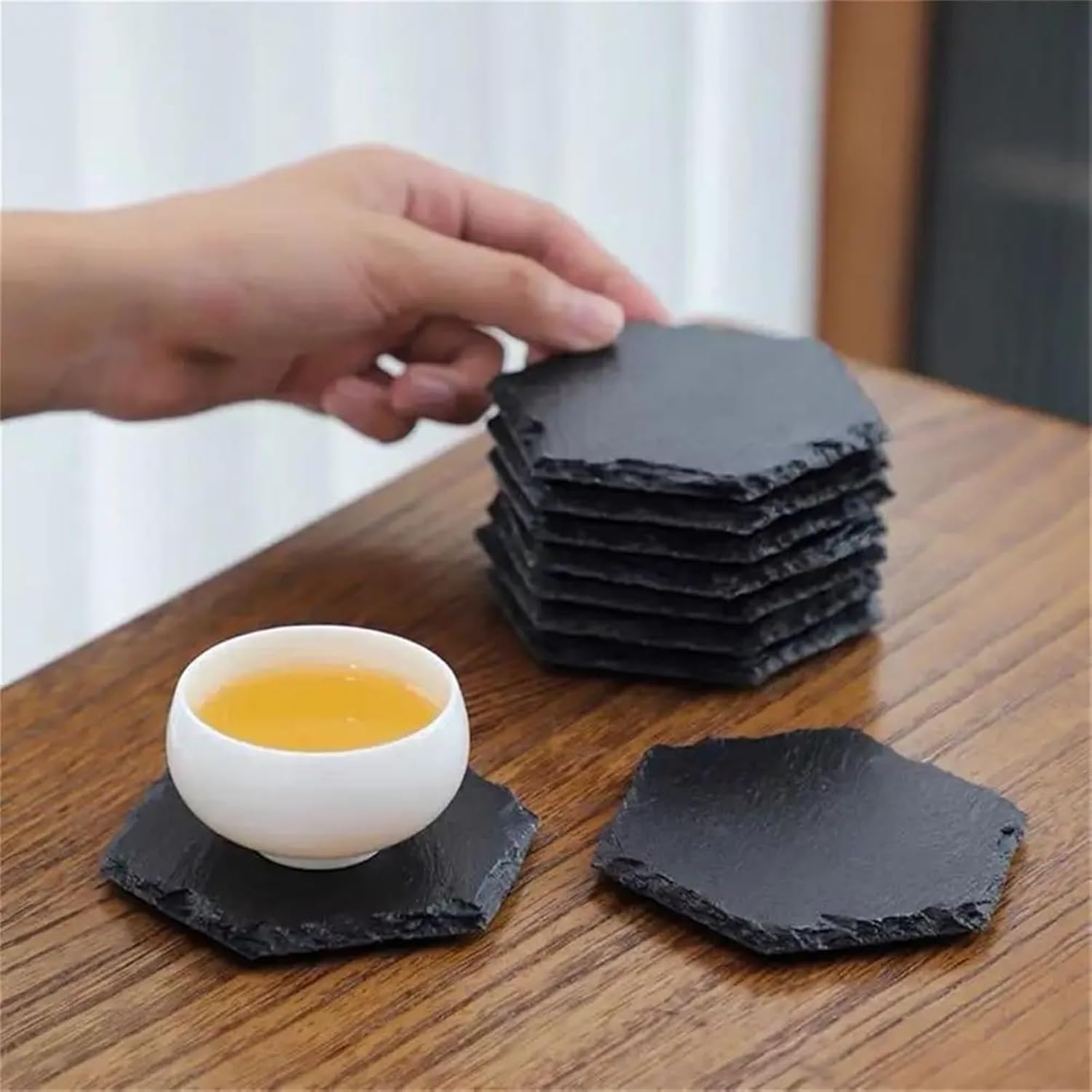 Table Coaster Decorative Stable Anti-scalding Reusable Table Placemat Home Cafe Restaurant Slate Stone Drink Coaster for Gifts(B)