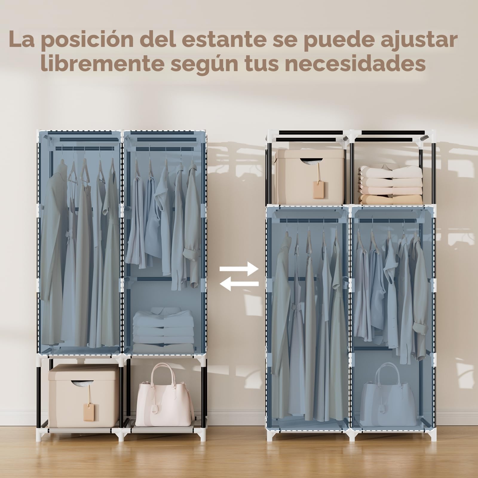 Vicye Armario De Tela, Ropero Portátil para Ropa con 2 Barras Colgantes, 4 Estantes Y 6 Bolsillos Laterales, Armario Portatil Ideal para Dormitorio, Vestidor, Salón, Blanco (90 x 45.5 x 172 cm)