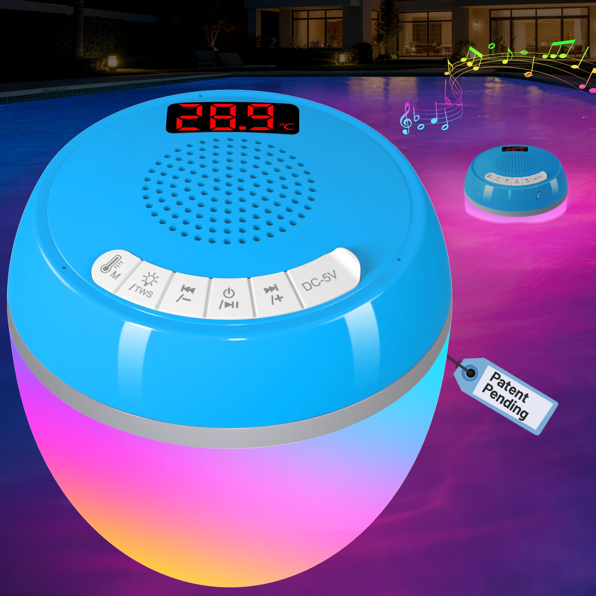 AearKing 3-in-1 Bluetooth Lautsprecher Pool mit Thermometer, Pool Lautsprecher mit RGB Licht, Schwimmender Pool Lautsprecher Wasserdicht IP68, TWS, Tragbarer Lautsprecher,Stereo Musikbox für Whirlpool