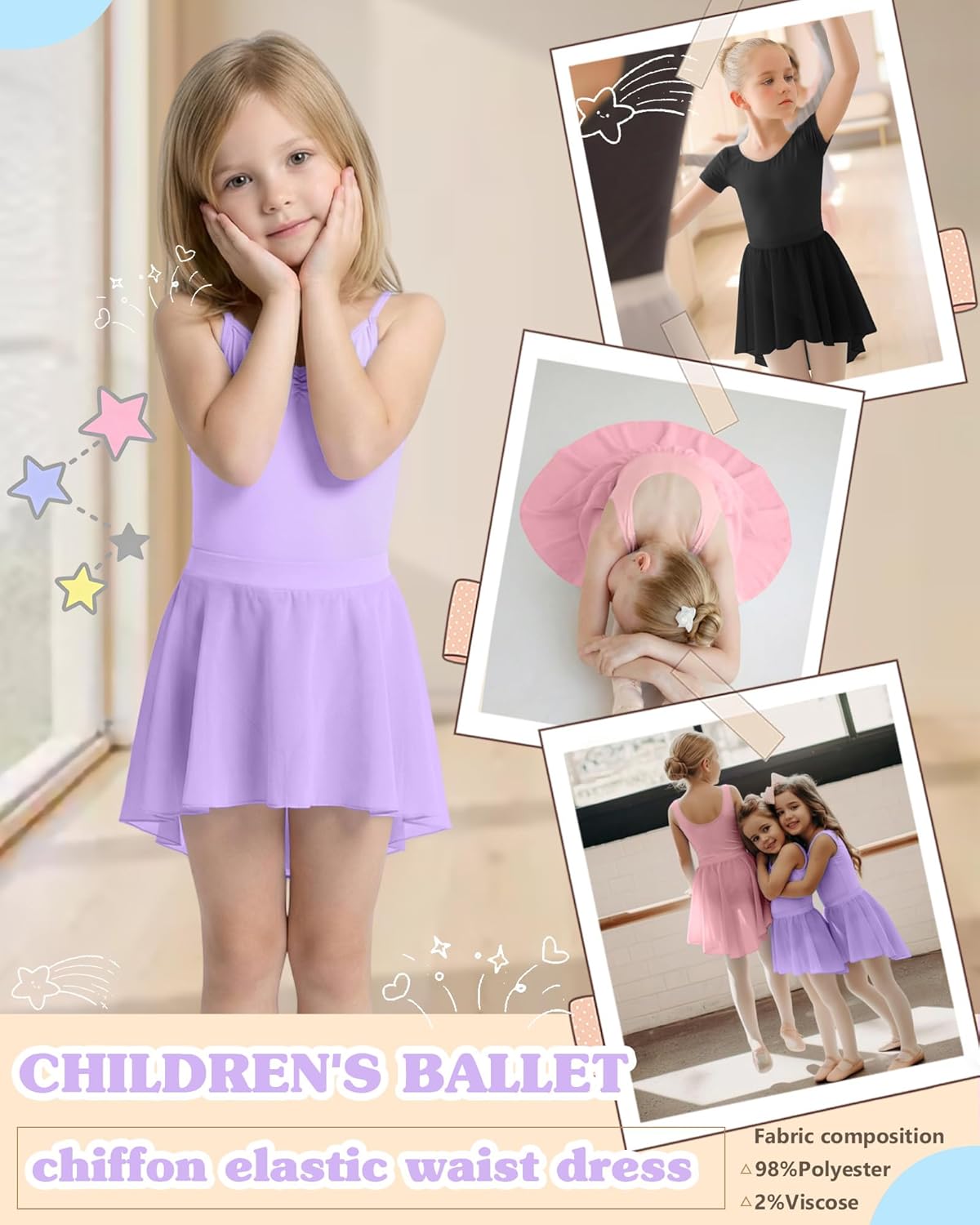 3 Pack Girls' Ballet Skirts Dance Wrap Toddler Kids Ballerina Chiffon Elastic Waist Dancewear for 2-12 Years - Image 2