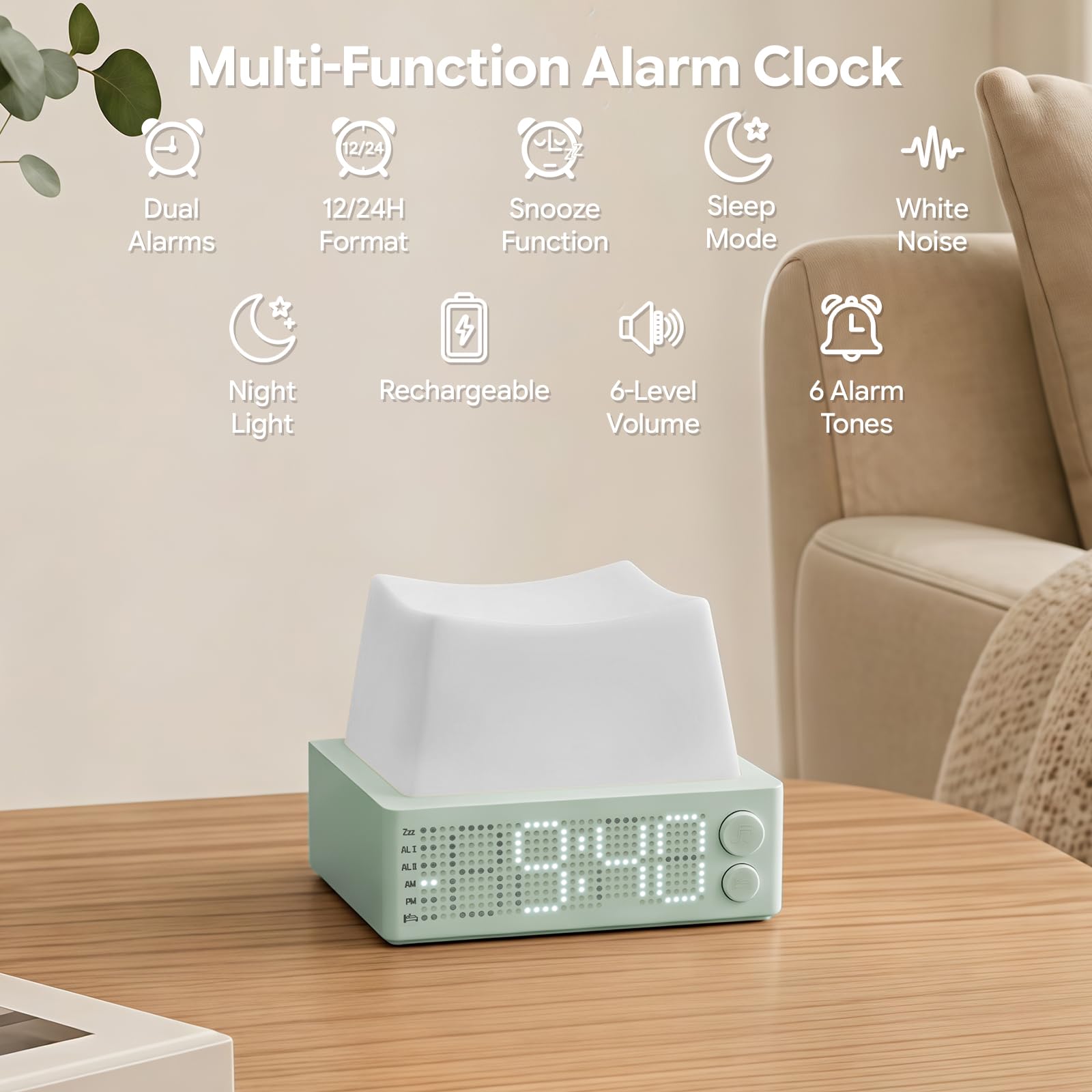Reloj despertador recargable con botón con repetición, alarmas duales, volumen y tono de llamada ajustables, función de temporizador, perfecto para dormitorios y oficinas