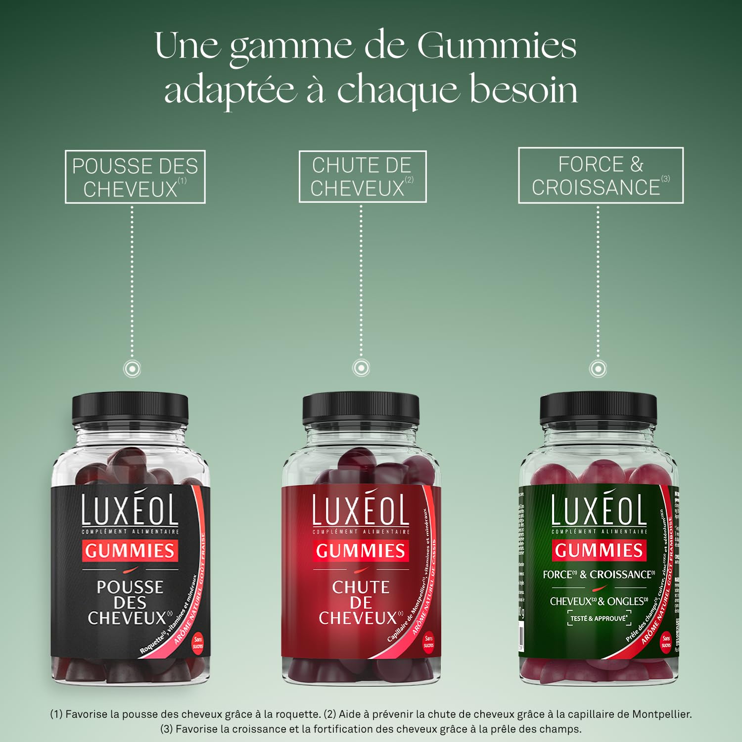 Luxéol - Gummies Pousse Cheveux - Complément Alimentaire - Stimule Le Bulbe Capillaire - Plante, Minéraux, Vitamines - Arôme Fraise, Sans Sucres - Fabriqué En France - Programme 1 mois - 60 Gummies